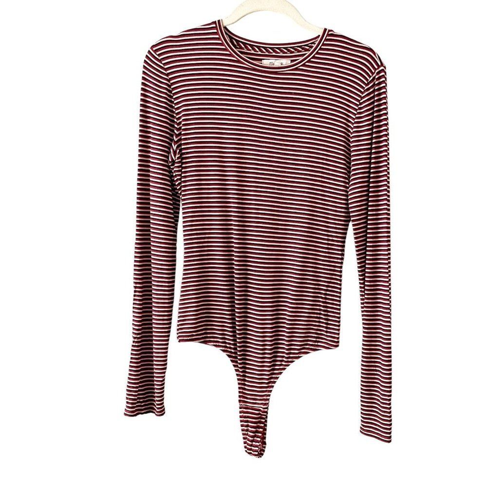 Madewell Red Pink Black Crew Neck Long Sleeve Striped Bodysuit M